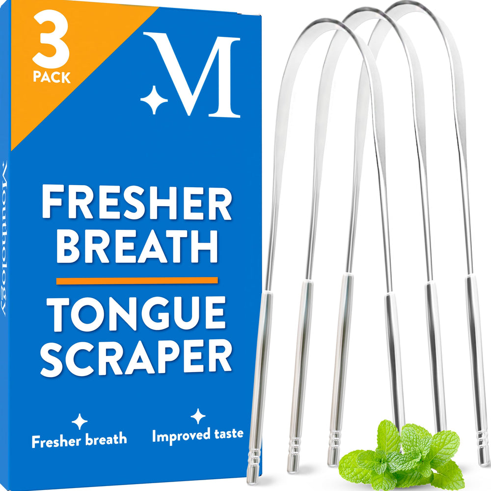 Close-up of a Mouthology stainless steel tongue scraper with dual handle