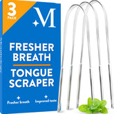 Close-up of a Mouthology stainless steel tongue scraper with dual handle