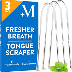 Close-up of a Mouthology stainless steel tongue scraper with dual handle