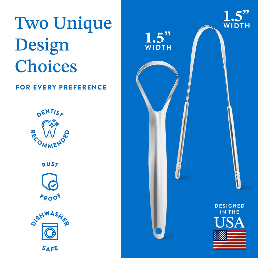 Two different stainless steel tongue scraper designs