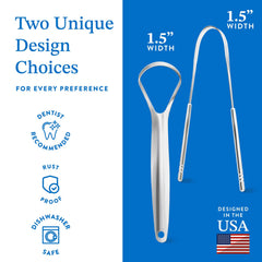 Two different stainless steel tongue scraper designs