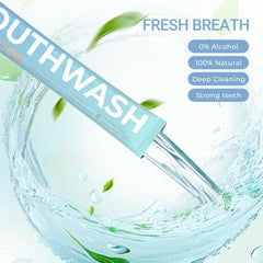 Close-up of mint-flavored, alcohol-free mouthwash packet