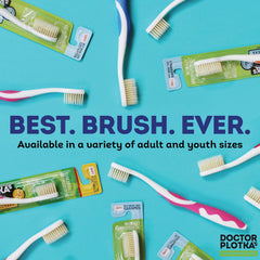 Child brushing with MOUTHWATCHERS toothbrushes in pink and blue