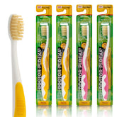 4-pack MOUTHWATCHERS Soft Children's Flossing Manual Toothbrushes in yellow and pink