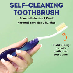 Front view of blue MOUTHWATCHERS soft flossing travel toothbrush 2-pack