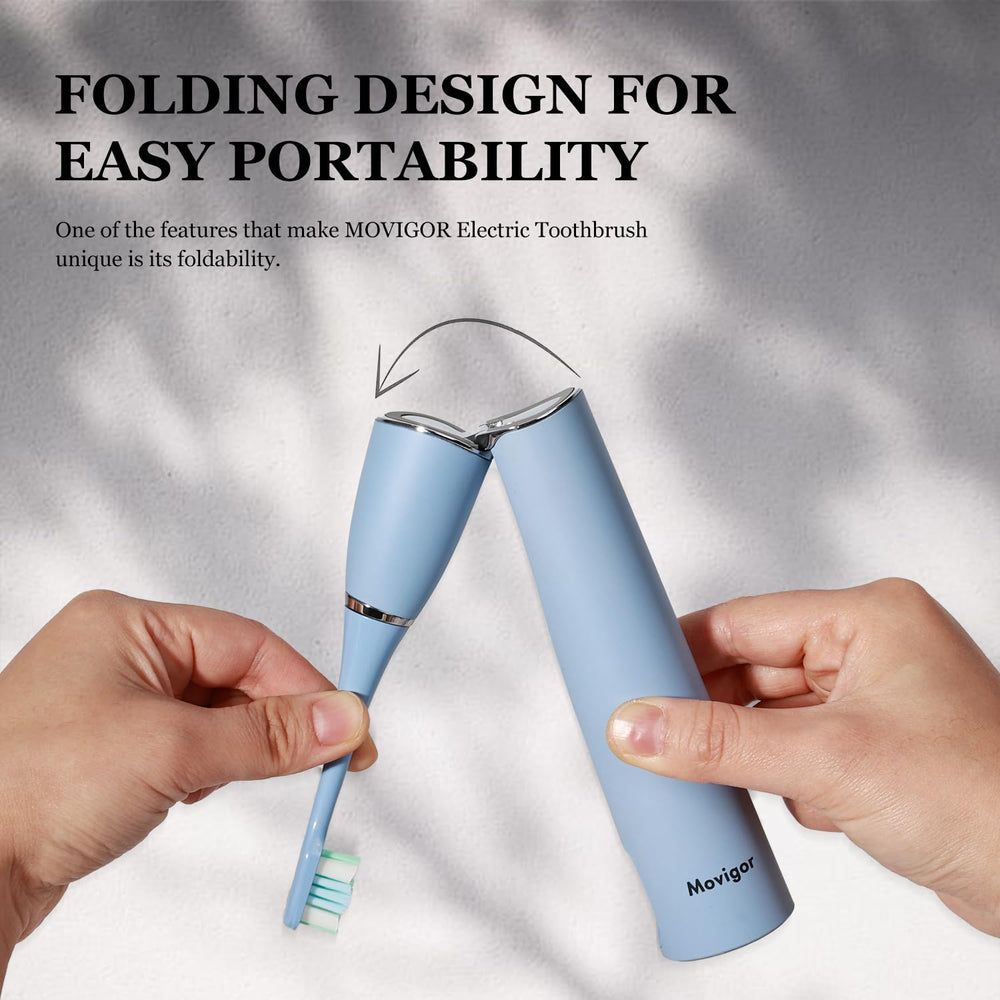 Movigor foldable toothbrush folded for travel in blue case