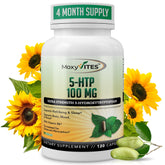 Bottle of MoxyVites 5-HTP 100mg with organic Griffonia simplicifolia