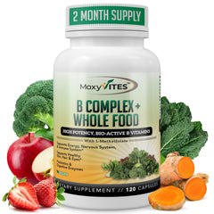Bottle of MoxyVites Vitamin B Complex vegan supplement