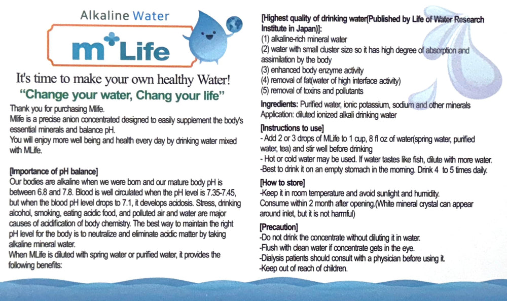 Mplus Life pH balance water prepared with alkaline mineral drops