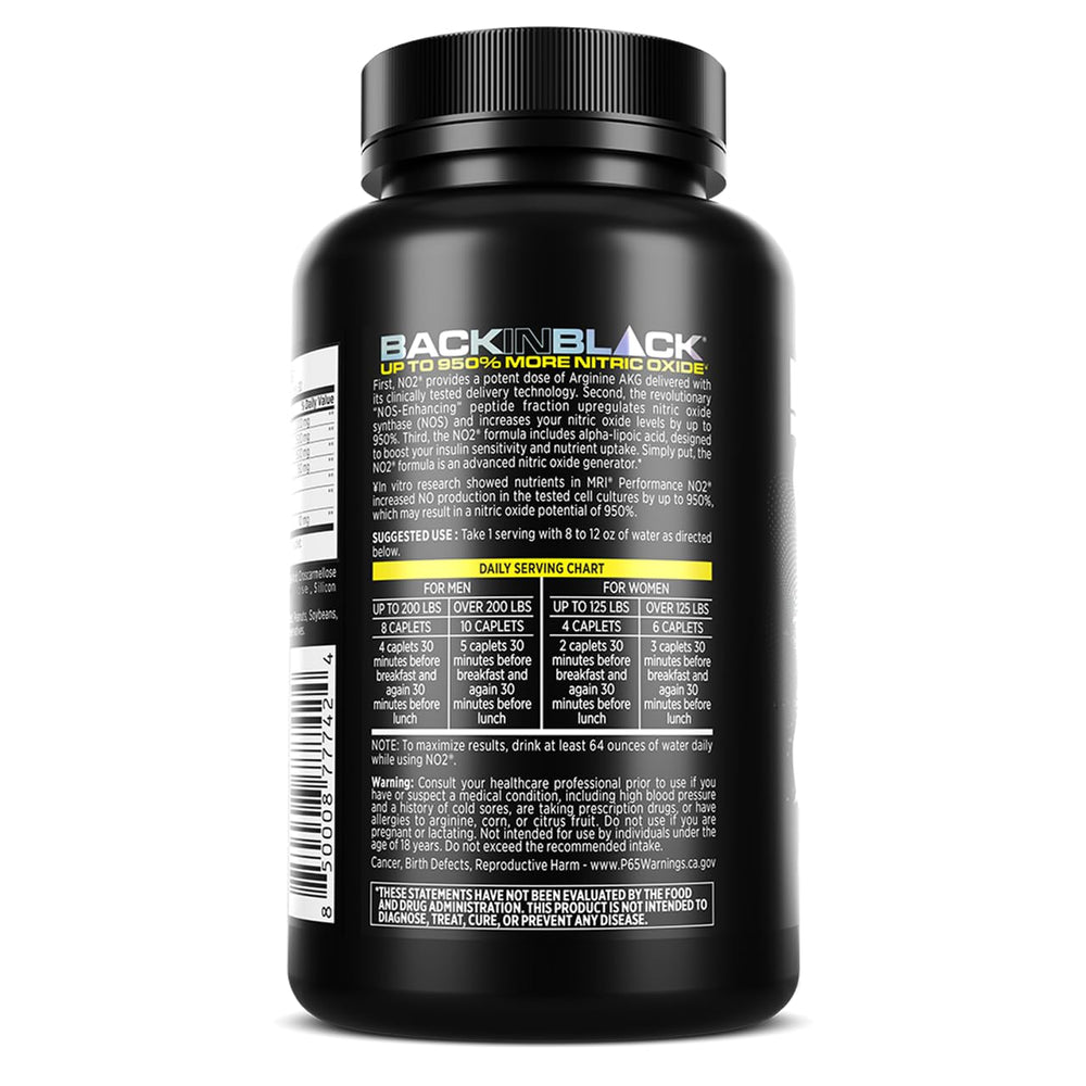 MRI Performance NO2 Original bottle back with nutrition information and function notes