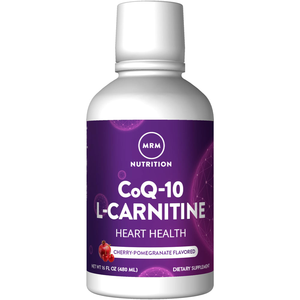 MRM CoQ-10 L-Carnitine Liquid bottle with cherry-pomegranate flavor for everyday energy support.
