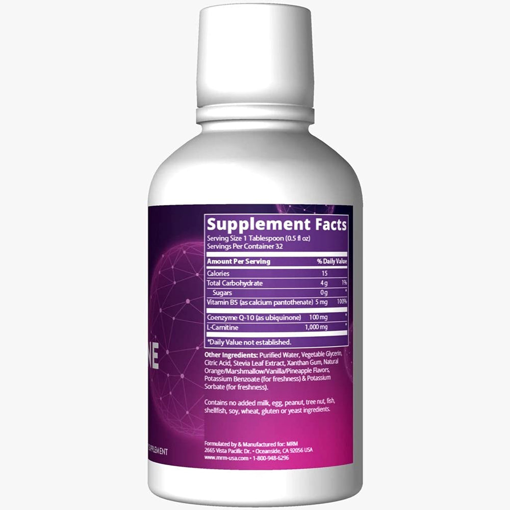 MRM CoQ-10 L-Carnitine Liquid glass with drops showing absorption-friendly formula