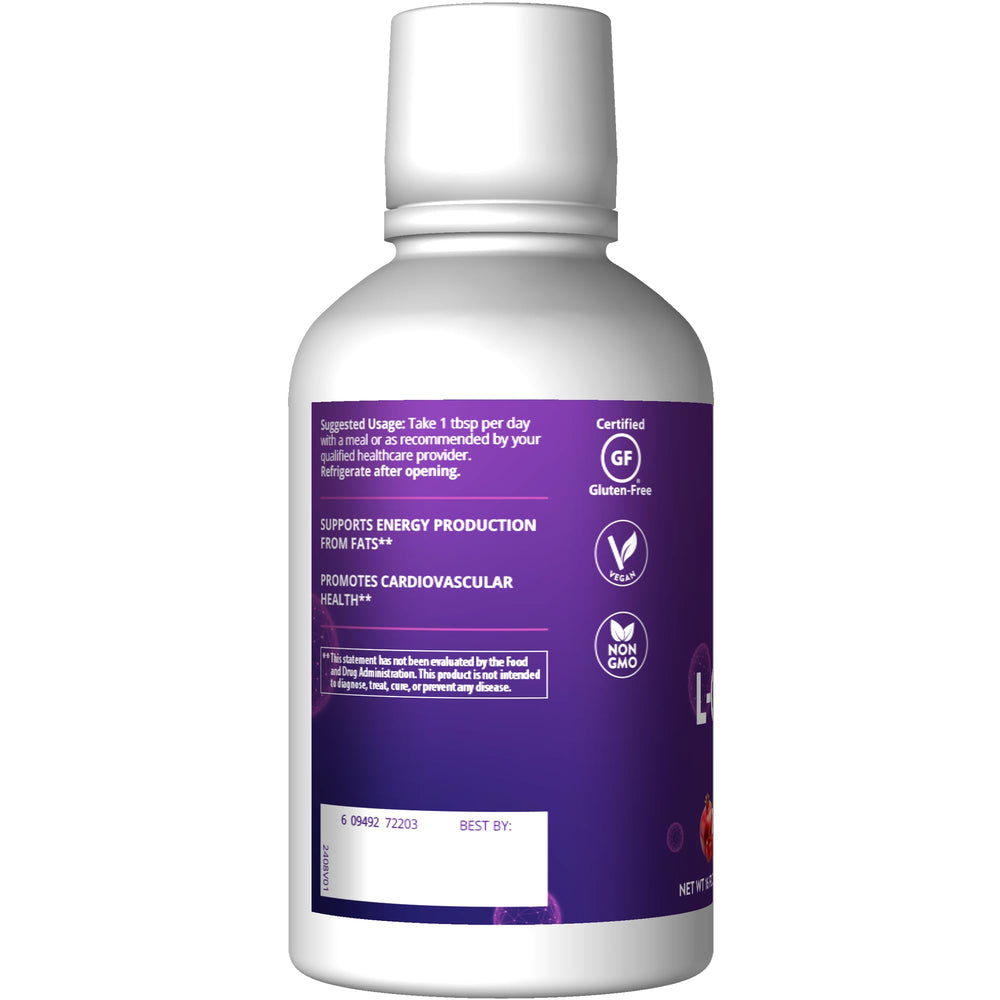 MRM CoQ-10 L-Carnitine Liquid splash emphasizing cherry-pomegranate flavor and vibrant appearance.