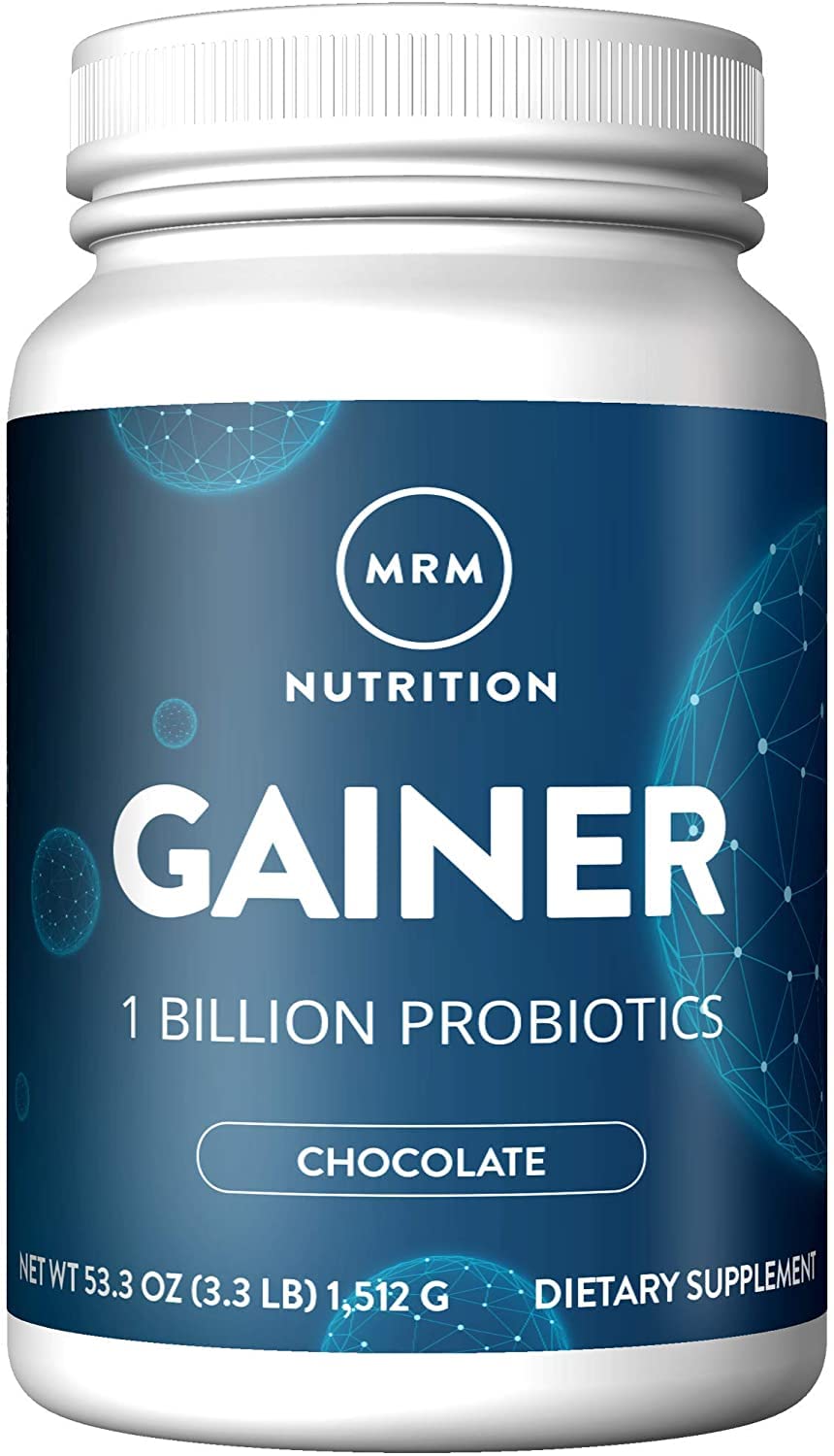 MRM Gainer Protein chocolate tub closeup highlighting high protein per serving for muscle support