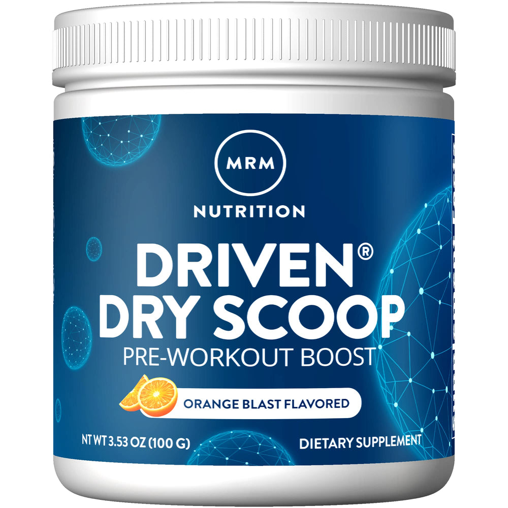 MRM Nutrition Driven Dry Scoop Orange Blast tub shows pure ingredients for steady energy during workouts