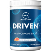 MRM Nutrition Driven Pre-Workout Blood Orange tub shows bold flavor and sustained energy for workouts.