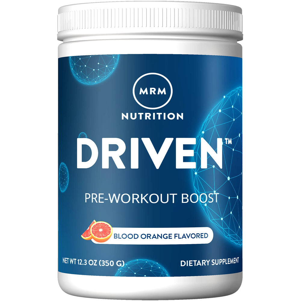 MRM Nutrition Driven Pre-Workout Blood Orange tub shows bold flavor and sustained energy for workouts.