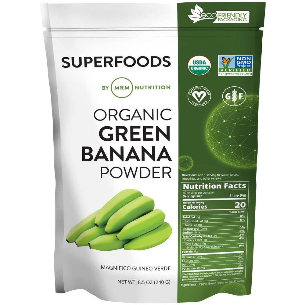 MRM Nutrition Organic Green Banana Powder packaging with scoop