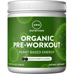 MRM Organic Pre-Workout powder bottle showcasing clean energy and focus benefits.