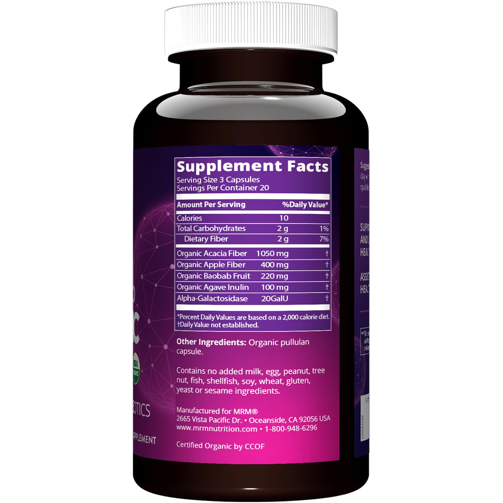 Close-up of MRM Organic Fiber capsules showing enzymes and prebiotics