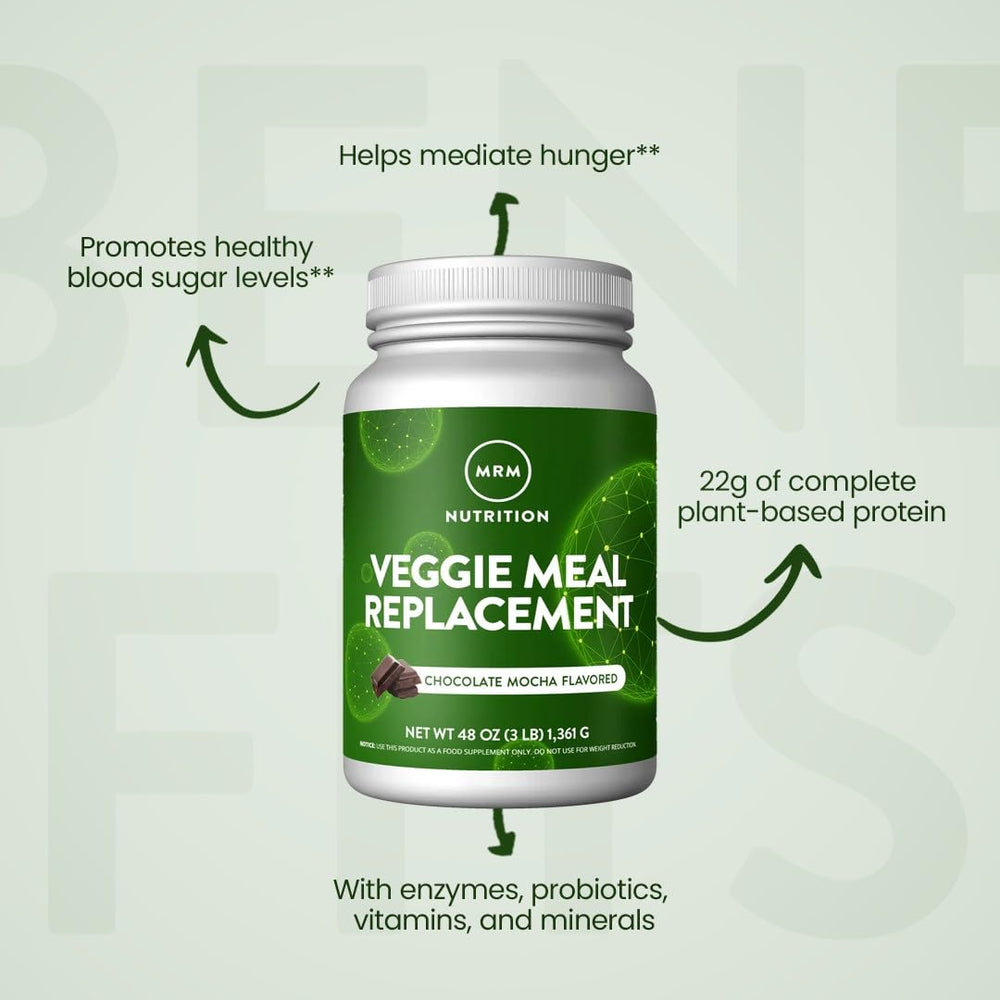 MRM Veggie Meal Replacement chocolate mocha bottle cap close-up emphasizes convenient meal-on-the-go.