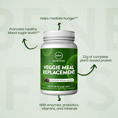 MRM Veggie Meal Replacement chocolate mocha bottle cap close-up emphasizes convenient meal-on-the-go.