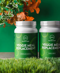 MRM Veggie Meal Replacement Protein vanilla-bean label communicates nutrition balance for meals on busy days.