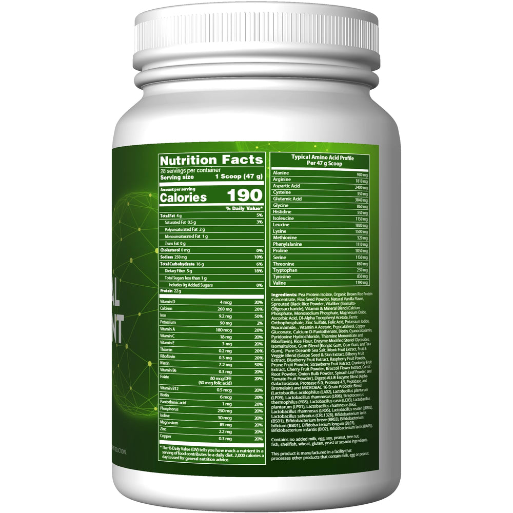 MRM Veggie Meal Replacement Protein vanilla-bean tub shows convenient all-in-one nutrition for quick meals.