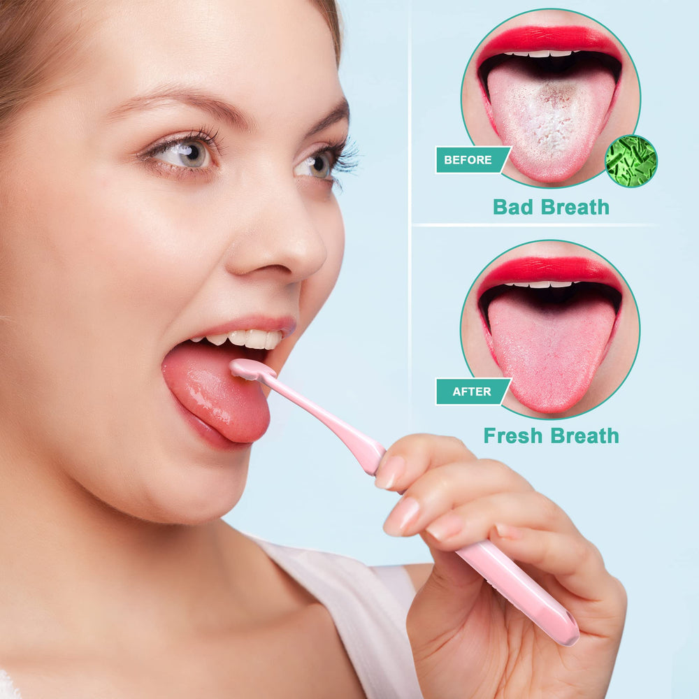 Tongue scraper shown with toothbrush heads for scale