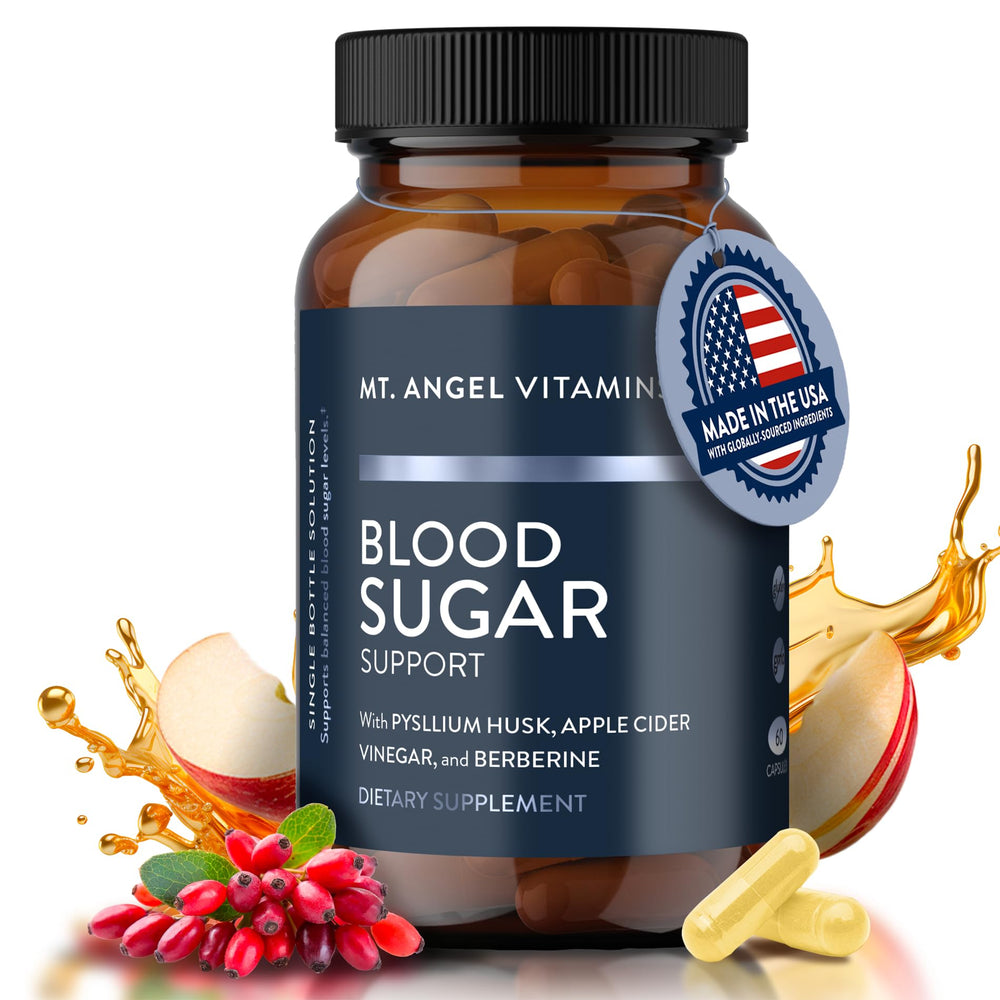 Mt. Angel Vitamins Blood Sugar Support bottle on a white background