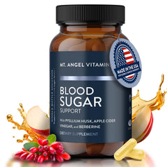 Mt. Angel Vitamins Blood Sugar Support bottle on a white background