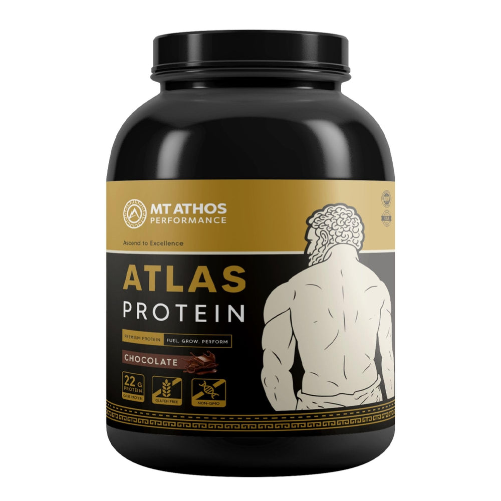 Mt. Athos Performance Atlas chocolate protein bottle shows 28 servings for clean, steady nourishment.