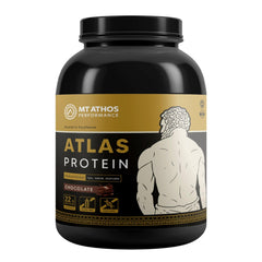 Mt. Athos Performance Atlas chocolate protein bottle shows 28 servings for clean, steady nourishment.