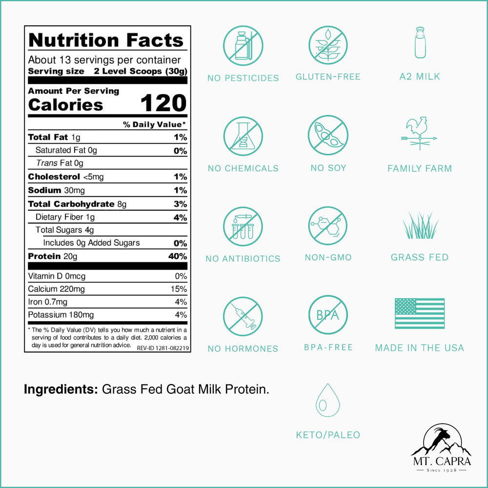 Mt Capra Clean Whole Protein scoop beside smoothie ingredients for breakfast