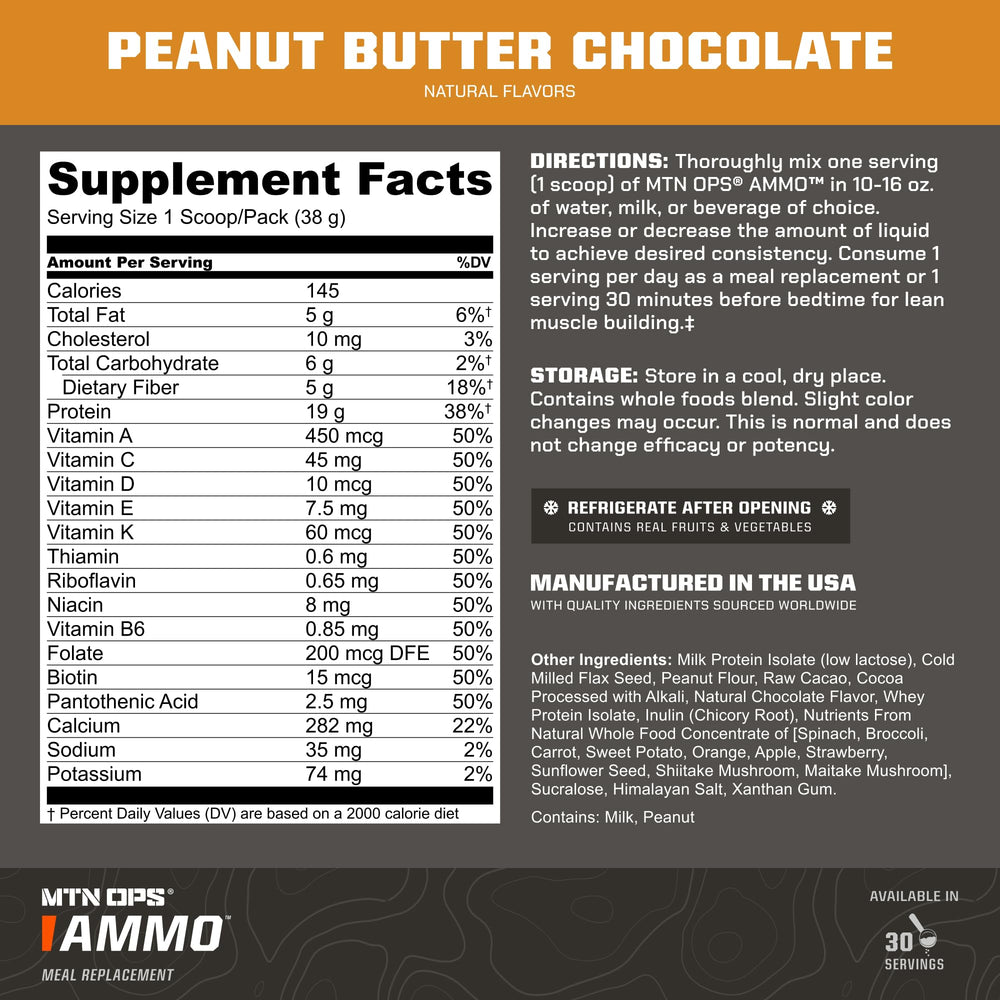 MTN OPS Ammo protein powder tub closeup highlights protein and dairy base.