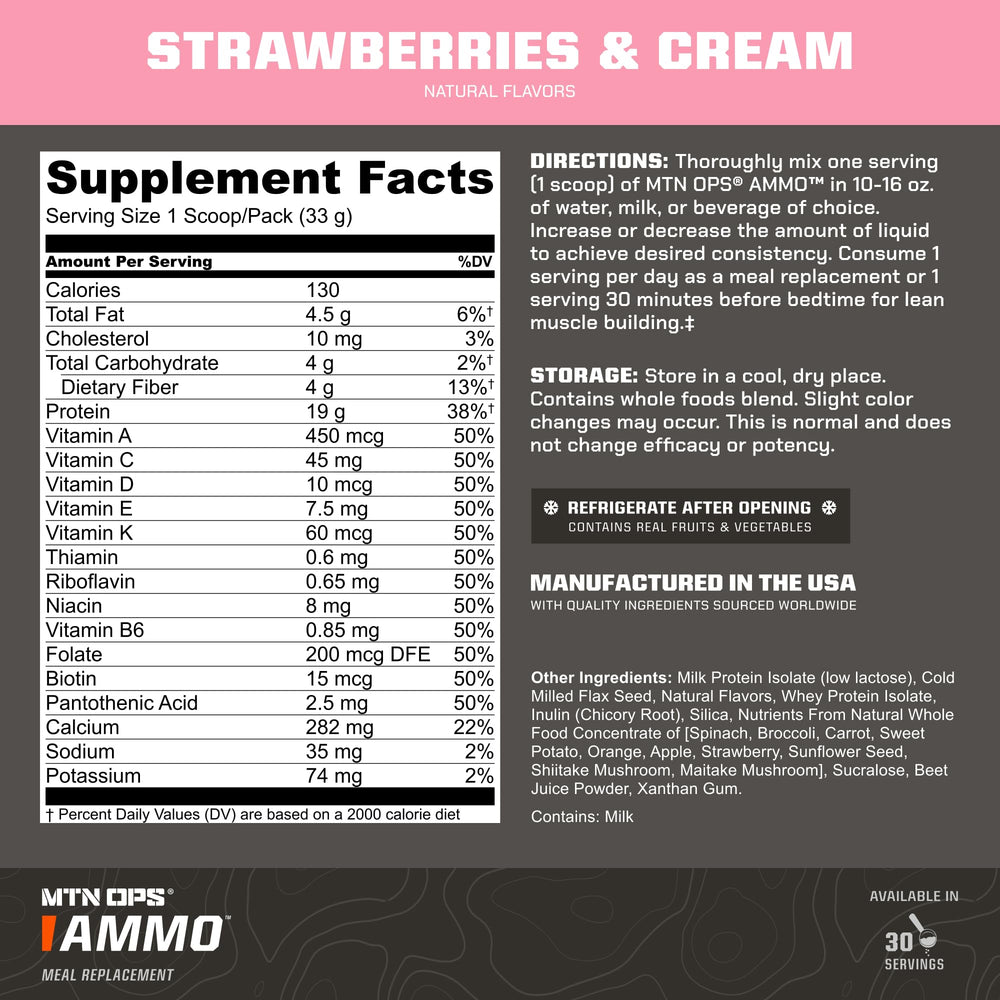 MTN OPS Ammo shake in glass shows creamy Strawberries & Cream flavor