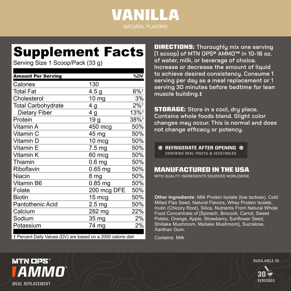 MTN OPS Ammo Vanilla protein serve dissolves smoothly for a satisfying shake