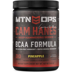 MTN OPS BCAA Powder Pineapple tub showcasing gluten-free, zero-sugar formula for workouts
