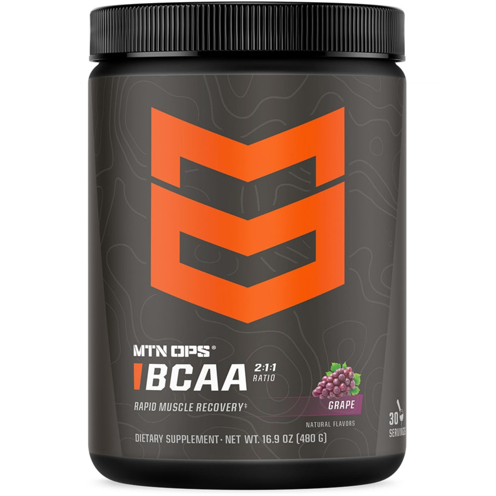 MTN OPS BCAA powder grape bottle closeup for clean, sugar-free recovery support