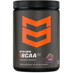 MTN OPS BCAA powder grape bottle closeup for clean, sugar-free recovery support