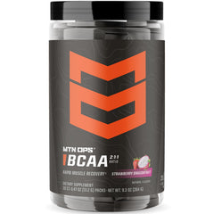 MTN OPS BCAA powder package with strawberry dragonfruit flavor for quick post-workout recovery.