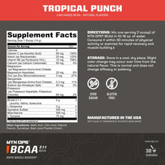 MTN OPS BCAA side-view tub highlights 2:1:1 amino acid balance.