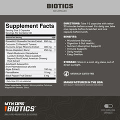 Close-up of MTN OPS Biotics ingredients: maca root, reishi mushroom, and American ginseng