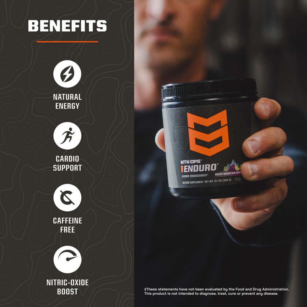 MTN OPS Enduro close-up label highlights gluten-free, caffeine-free formula benefits.