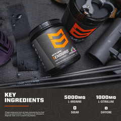 MTN OPS Enduro ingredient bottles frame L-Arginine and L-Citrulline benefits.