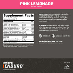 MTN OPS Enduro ingredients chart emphasizing non-caffeinated formula