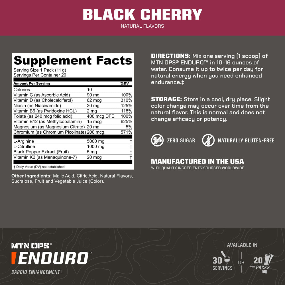 MTN OPS Enduro non-stimulated energy boost bottle offers caffeine-free performance support.