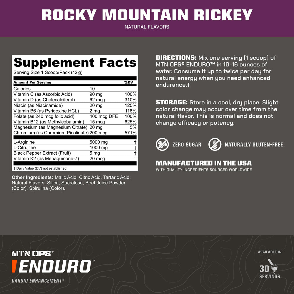 MTN OPS Enduro powder scoop image illustrating quick-dissolve, non-stimulant formula.