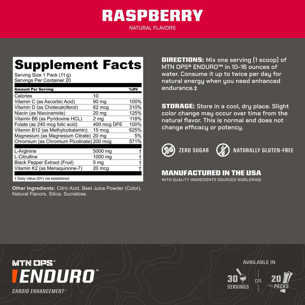 MTN OPS Enduro Raspberry mix in water illustrating caffeine-free pre-workout hydration.
