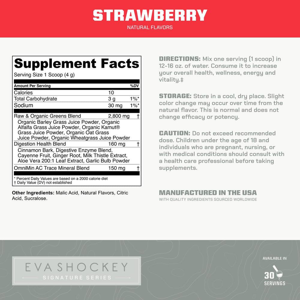 Back of MTN OPS Eva Shockey Super Greens Strawberry box with nutrition facts